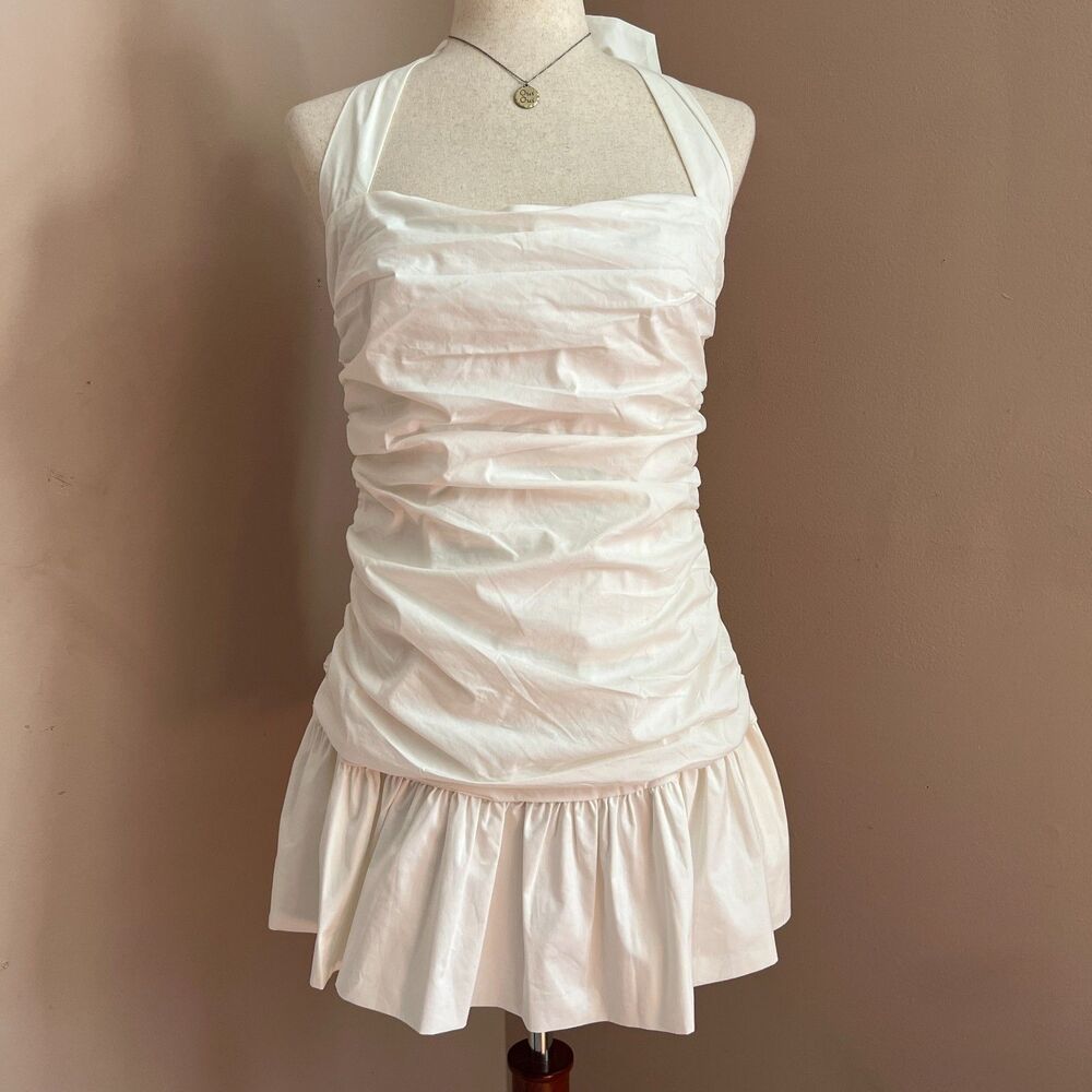 Peppermayo Cely Ruched Halter Mini Dress White NWT Size‎ US 8 AU 12